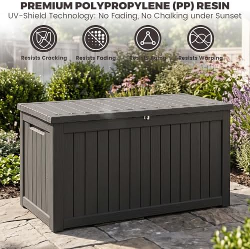 outdoor storage box, 270 gallon waterproof deck box, side view