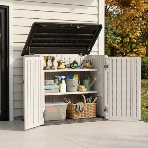 31 cu.ft resin outdoor storage cabinet with 2, front angle view
