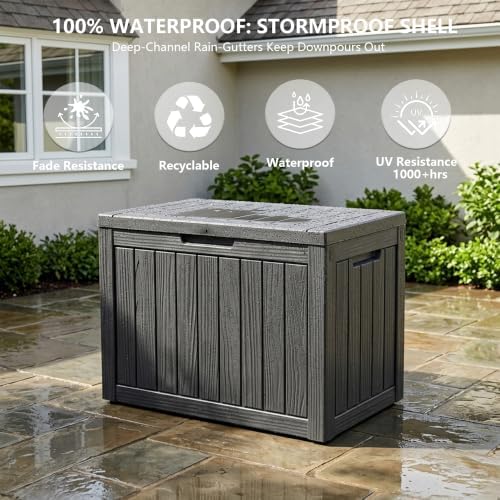 outdoor storage box, 50 gallon waterproof deck box, side view