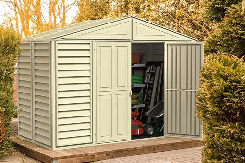 duramax 00283 woodbridge storage shed, off white, side view