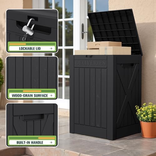 greesum 52 gallon large outdoor package delivery box shown in use
