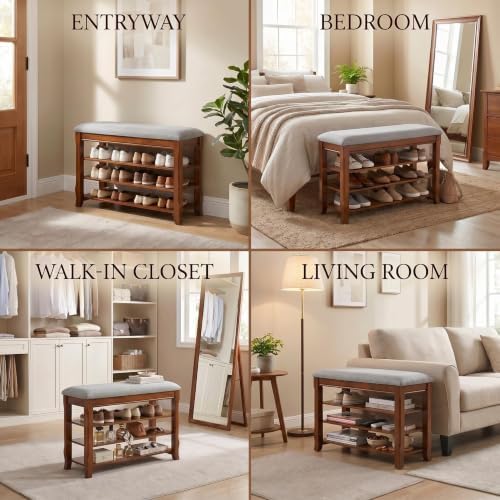 solid wood shoe rack bench with storage, flip-top, front angle view