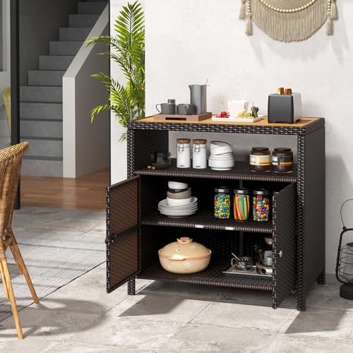 tangkula rattan outdoor storage cabinet, patiojoy outdoor cabinet, front angle view