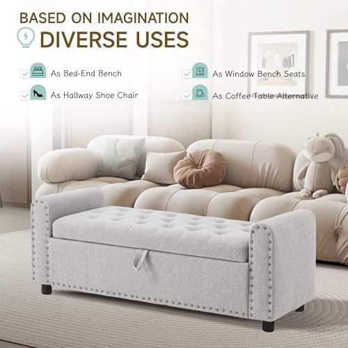 ottoman with storage, tufted storage bench for bedroom showing dimensions