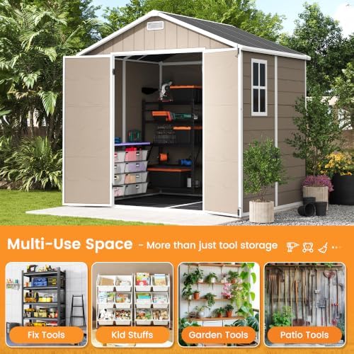 udpatio resin storage shed 8 x 6 ft showing dimensions