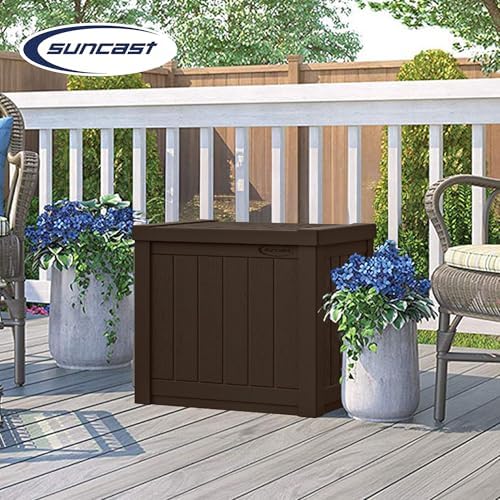 suncast 22 gal, small outdoor storage deck box, side view