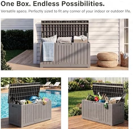 lausaint home 80 gallon resin deck box, package, close-up detail