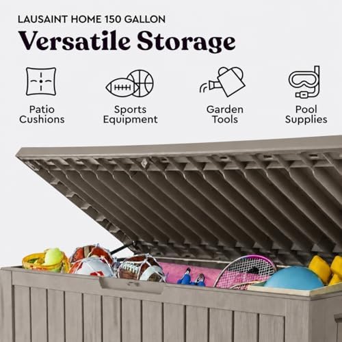 lausaint home 150 gallon resin deck box, package showing dimensions