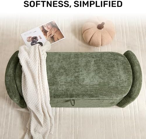 oval ottoman bench with 20 gal of storage showing dimensions