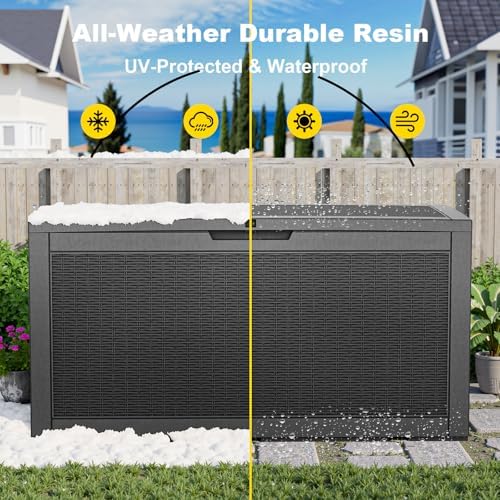 patiozen 120 gallon deck box,resin outdoor storage box on a desk or shelf