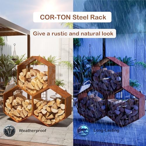 firewood log rack, heavy-duty hexagon, indoor & outdoor, side view