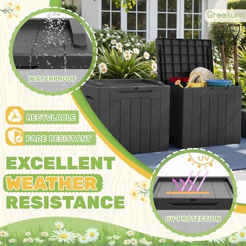 greesum 31 gallon deck box for outside, all showing dimensions