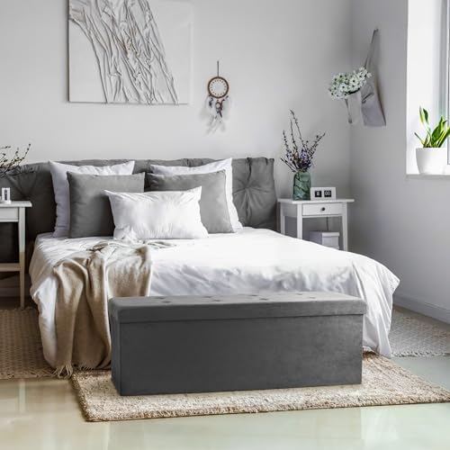 sorbus collapsible storage ottoman bench (grey, large (15” shown in use