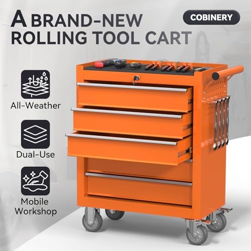 5-drawer rolling tool chest with wheels, metal tool, close-up detail