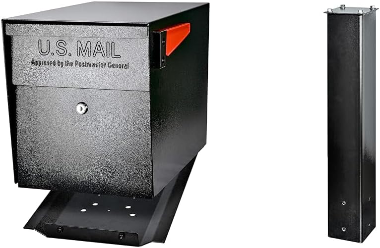 Mail Boss 7106 Curbside Steel Post Mount Security Locking Mailbox, Black, Extra Large, 21 in. D x 11.125 in. W x 13.75 in. H & 7127 Surface Mount, Black Mailbox Post