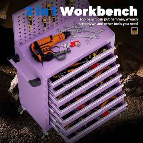 intergreat 7 drawers rolling tool box with pegboard,portable, front angle view