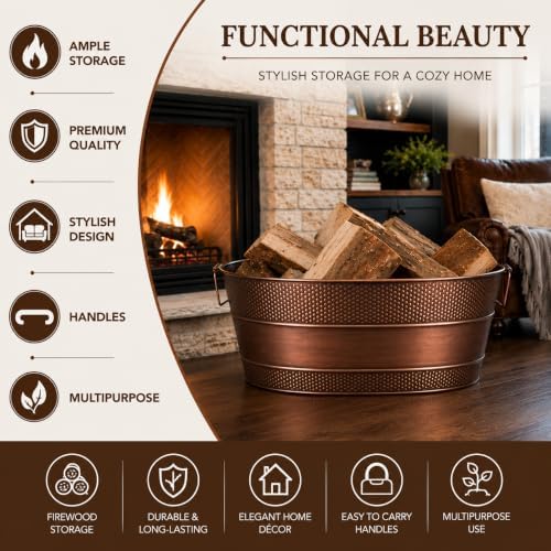 brekx copper galvanized firewood storage bin with handles, side view