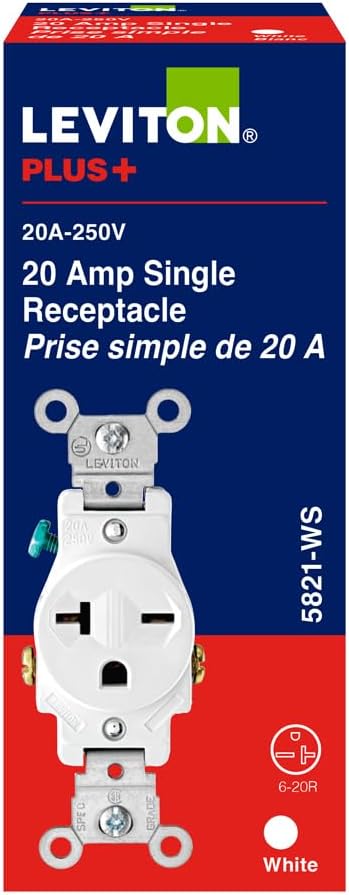 Leviton Single Receptacle Outlet Commercial Specification Grade Smooth Face 20 Amp 250 Volt, Side Wire NEMA 6-20R 2-Pole 3-Wire, White, 5821-W