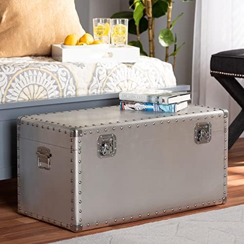 baxton studio serge 13.98-inch high storage trunk, silver, front angle view