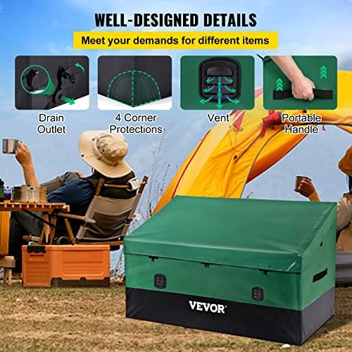 vevor outdoor storage box, 150 gallon waterproof pe showing dimensions