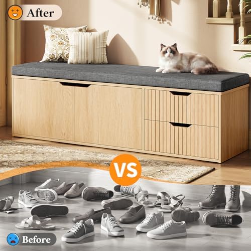 59" storage bench with drawer, 2-tier shoe bench showing dimensions