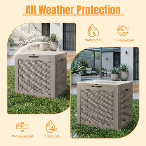 outdoor storage box, 42 gallon waterproof resin patio shown in use