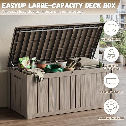 easyup 220 gallon deck box waterproof lockable outside showing dimensions