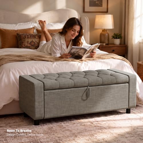 46" storage ottoman bench, 30gal linen tufted, end showing dimensions