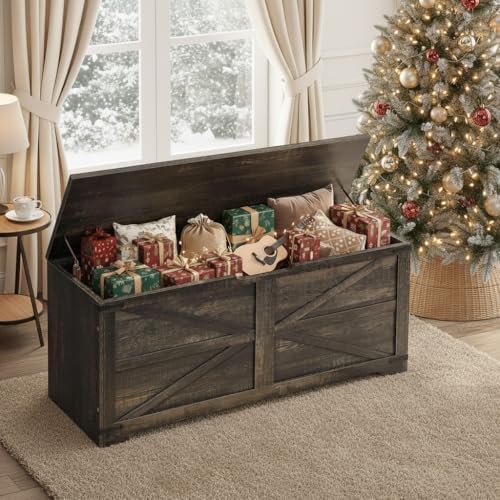 dwvo wooden storage bench, farmhouse storage chest, 39.4"l, side view