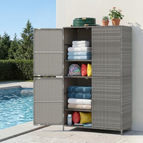 tangkula rattan outdoor storage cabinet, patiojoy outdoor cabinet, front angle view