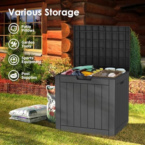 outdoor storage box, 35 gallon waterproof deck box, close-up detail