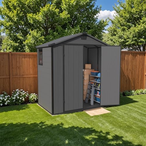patiowell 6x4 ft plastic outdoor storage shed with on a desk or shelf