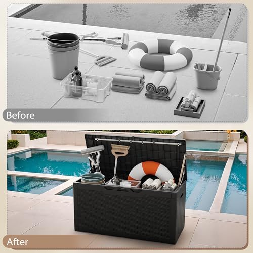 devoko 100 gallon deck box waterproof outdoor storage on a desk or shelf