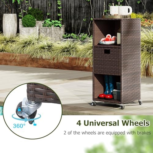happygrill outdoor storage cabinet with wheels, pe rattan showing dimensions