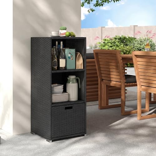 tangkula rattan outdoor storage cabinet, patiojoy outdoor wicker shown in use