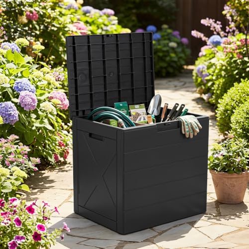 tangkula 25 gallon outdoor storage box with lockable shown in use