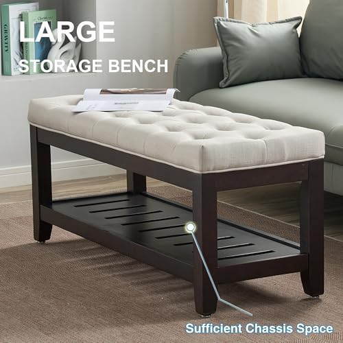 44" entryway bench with shoe storage, upholstered, 500 showing dimensions