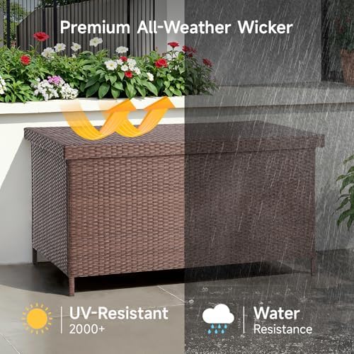 onbrill 158 gallon xl wicker deck box, outdoor, close-up detail