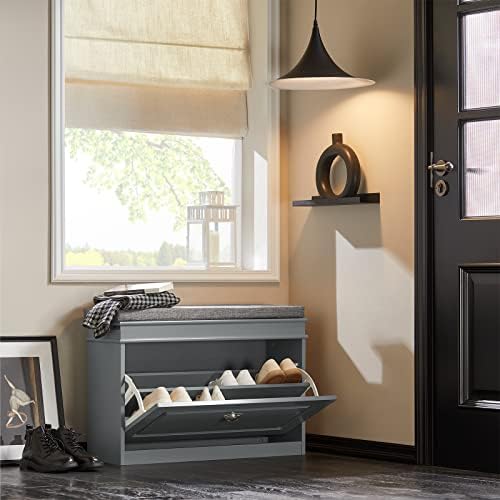 haotian shoe storage bench with cushion, grey narrow, front angle view
