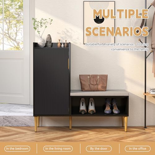 storage bench with fluted door&shelf, l-shaped entryway bench, side view