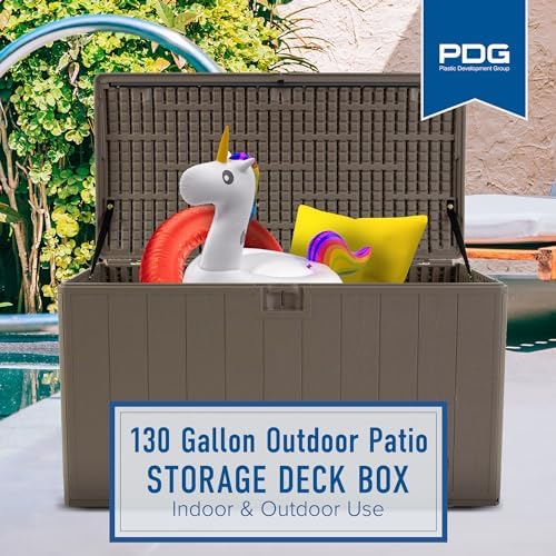 plastic development group outdoor deck box, soft close, side view