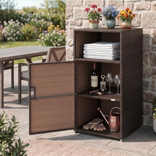 tangkula rattan outdoor storage cabinet with 3 storage on a desk or shelf