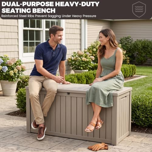 outdoor storage box, 180 gallon waterproof deck box on a desk or shelf