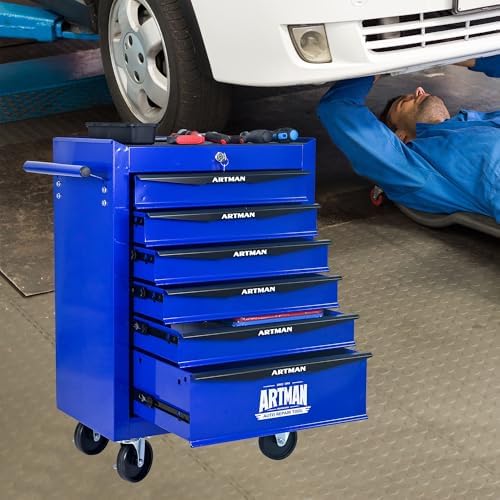 6-drawer heavy-duty rolling tool chest, lockable box organizer, side view
