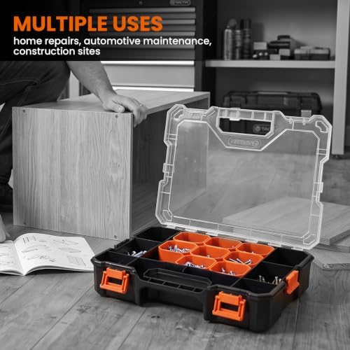 interlockable tool organizer, toolbox with adjustable dividers & on a desk or shelf