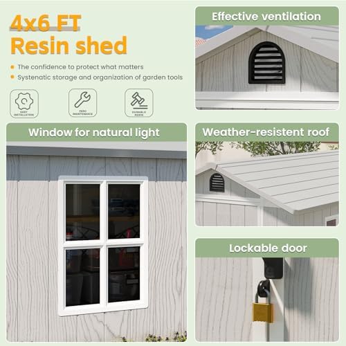 patiowell 4x6 ft plastic outdoor storage shed with showing dimensions