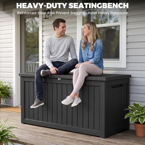300 gallon outdoor storage box waterproof, lockable resin on a desk or shelf