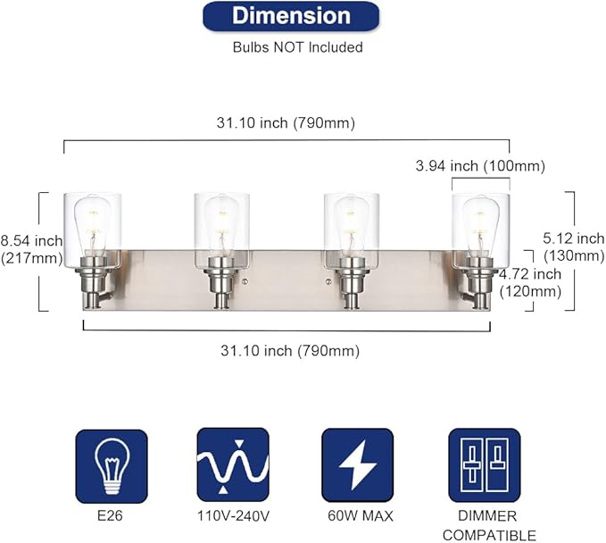 TODOLUZ Bathroom Vanity Light Fixtures, 4-Lights Modern Brushed Nickel Wall - Image 4