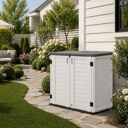 addok outdoor storage cabinet, 35 cu.ft horizontal resin, front angle view