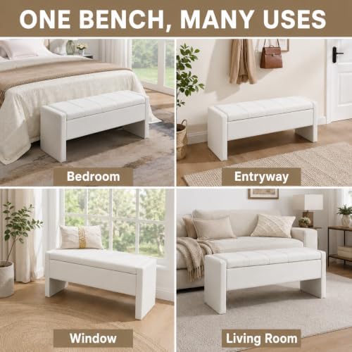 47.25 inch storage ottoman bench, linen upholstered, white on a desk or shelf
